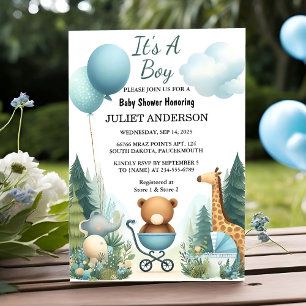 As Soft Boho Bear Blue Cub Welcome Baby Boy Shower Invitation