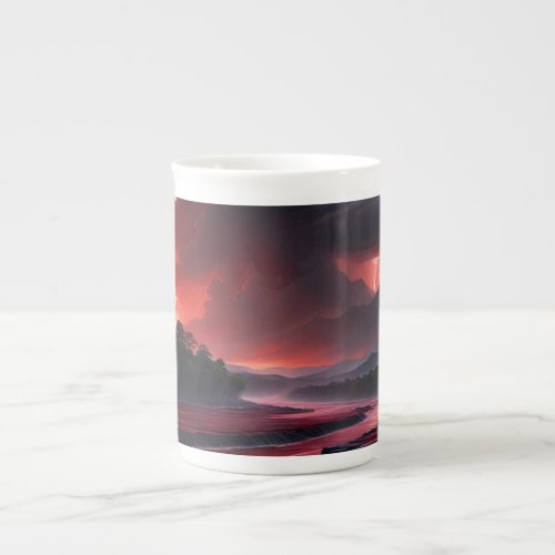 As the sun sets the sky above the river turns a d bone china mug