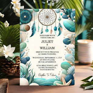 As Tribal Aqua Sand Work Stacked Sea Glass Wedding Invitation