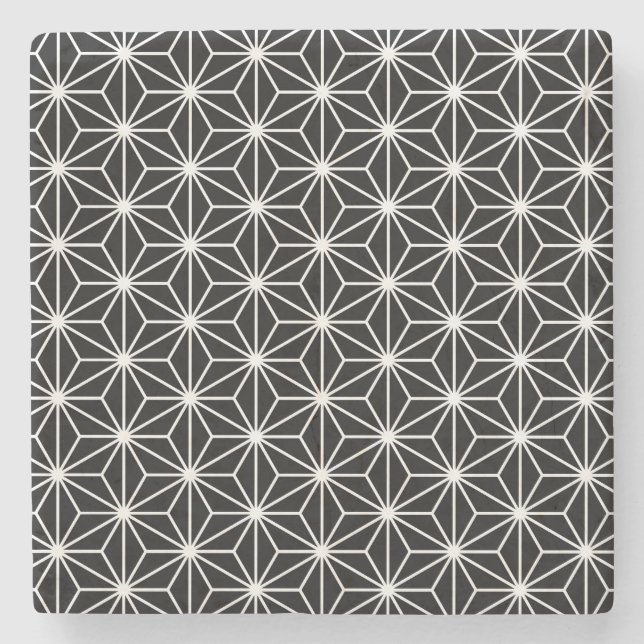 Asanoha Black and White Pattern Stone Coaster (Front)