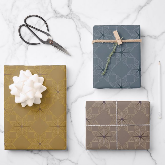 Asanoha Floral Pattern | Ochre & Dusty Stone Wrapping Paper Sheets (Front)