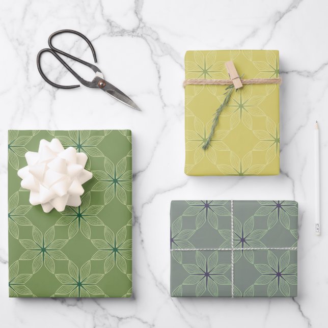 Asanoha Floral Pattern | Sage & Earth Tone Wrapping Paper Sheets (Front)