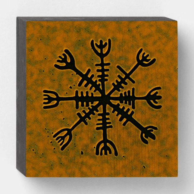 ASATRU Helm of Awe Protection Rune Wooden Box Sign (Front Horizontal)