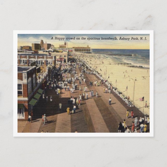 Asbury Park NJ, A Happy Boardwalk Crowd 1950s Postcard (Front)