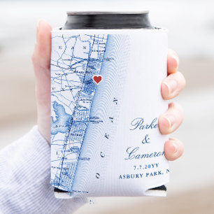 Asbury Park NJ Map Wedding Favor Navy Blue Drink Can Cooler