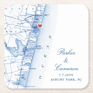 Asbury Park NJ Map Wedding Favor Navy Blue Square Paper Coaster