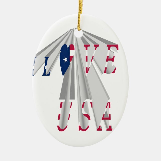 Ascending Patriotism: I Love USA Perspective Art Ceramic Ornament (Front)