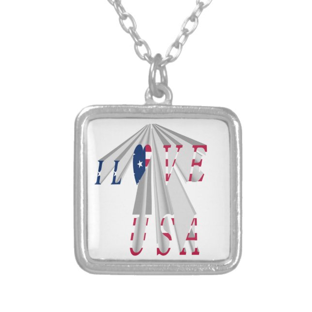 Ascending Patriotism: I Love USA Perspective Art Silver Plated Necklace (Front)