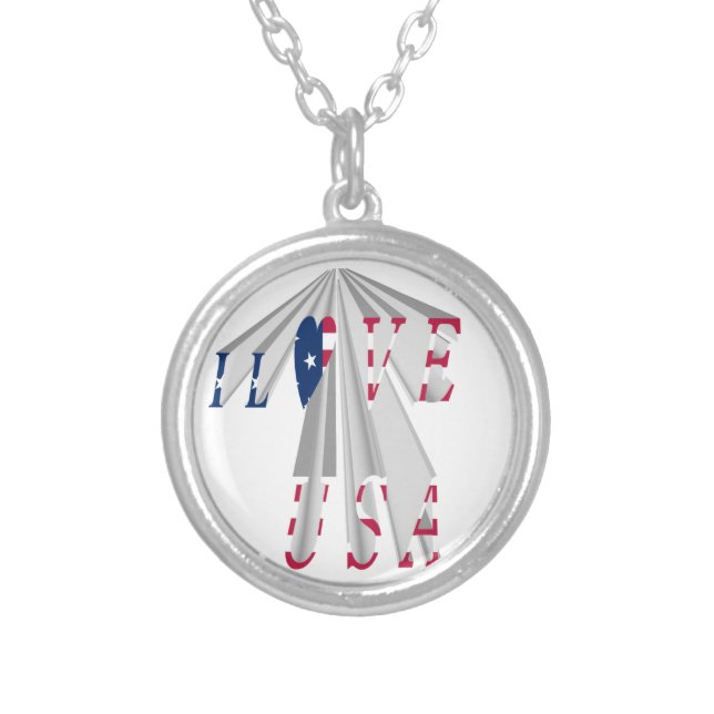 Ascending Patriotism: I Love USA Perspective Art Silver Plated Necklace (Front)