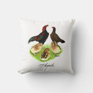 Aseel Black Red Chicken Family Throw Pillow