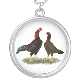 Aseel Black Red Chickens Silver Plated Necklace