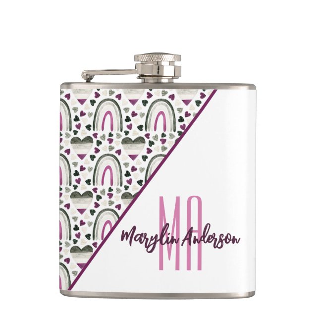 ASEXUAL HEARTS & RAINBWS CUSTOM MONOGRAM FLASK (Front)