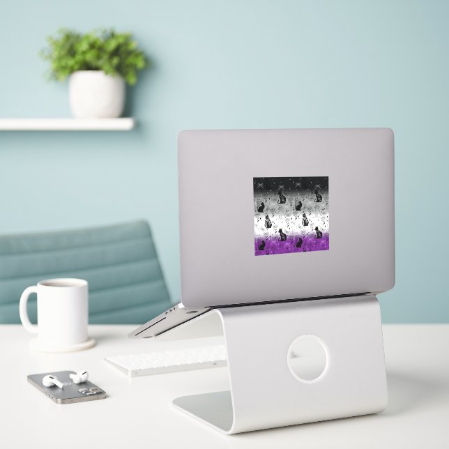 Asexual Pride Black Cat - Mystical Witchy Sticker (Laptop On Desk)