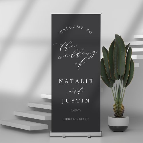 Ash Black  Chic Calligraphy Wedding Welcome Retractable Banner