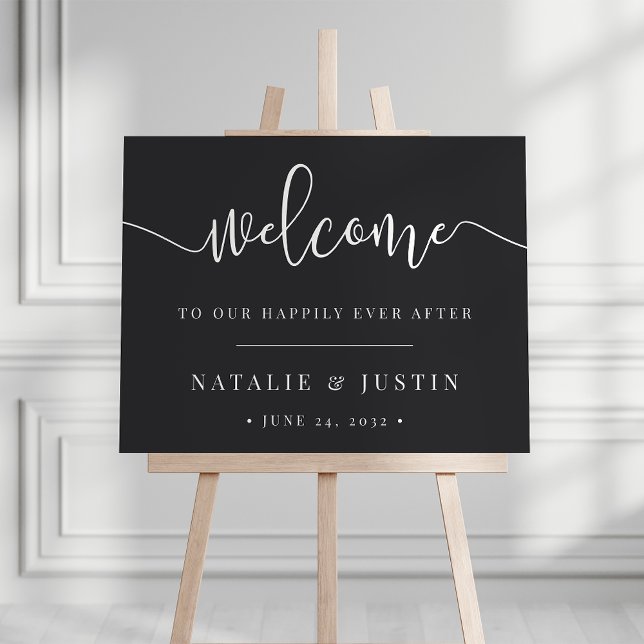 Ash Black Happily Ever After Wedding Welcome Sign (Black and white wedding welcome sign)
