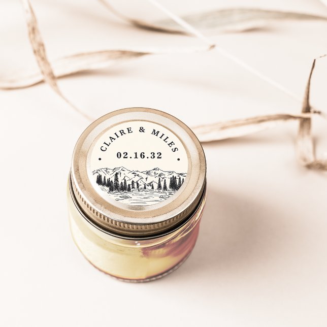 Ash Black | Mountain Sketch Personalized Wedding Classic Round Sticker (Creator Uploaded)