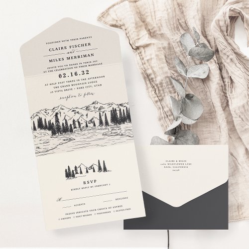 Ash Black  Mountain Sketch Wedding All In One Invitation