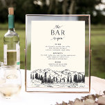 Ash Black | Mountain Sketch Wedding Bar Menu Sign<br><div class="desc">Invite guests to grab their favorite libation with our charming rustic wedding bar menu sign. 11x14 bar sign features a bottom border of mountain peaks, pine trees and a flowing river in a hand sketched style, with "the bar is open" at the top. Includes three headings and three body text...</div>