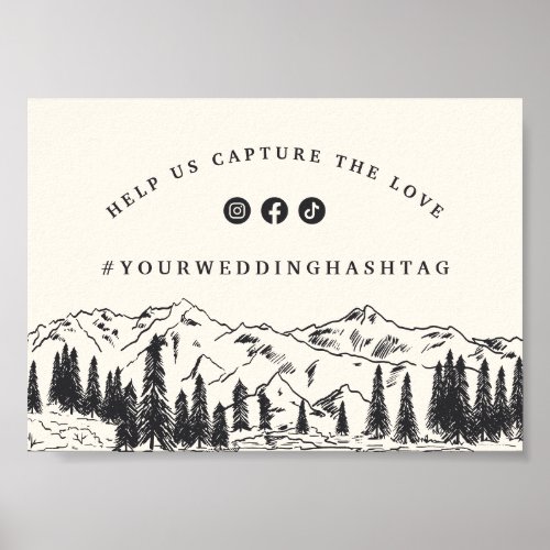 Ash Black  Mountain Sketch Wedding Hashtag Sign