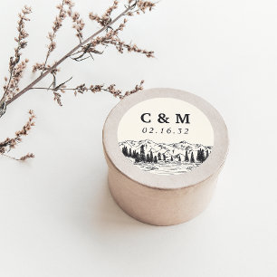Ash Black   Mountain Sketch Wedding Monogram Classic Round Sticker