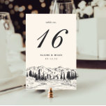 Ash Black | Mountain Sketch Wedding Table Number<br><div class="desc">Rustic woodland chic table number cards feature a sketched illustration of mountain peaks,  pine trees and a flowing river,  beneath your table number,  event date and additional custom text. Design repeats on reverse side. Coordinates with our wintry Mountain Sketch wedding invitation suite.</div>
