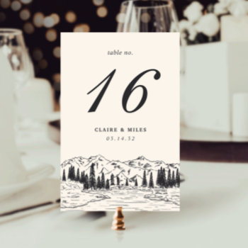 Ash Black | Mountain Sketch Wedding Table Number by RedwoodAndVine at Zazzle