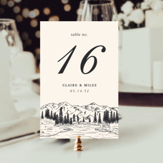 Ash Black | Mountain Sketch Wedding Table Number