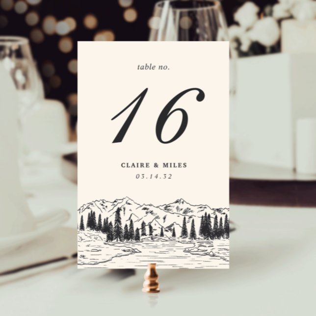 Ash Black | Mountain Sketch Wedding Table Number (Creator Uploaded)