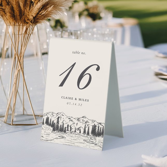 Ash Black | Mountain Sketch Wedding Table Number Tent (Creator Uploaded)