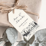 Ash Black | Mountain Sketch Wedding Thank You Gift Tags<br><div class="desc">Attach these rustic chic tags to your wedding favors to say thank you to guests in lush woodland style. Ivory tags feature a sketched illustration of mountain peaks,  pine trees and a flowing river,  with "love and thanks" and your names and wedding date.</div>