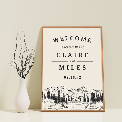 Ash Black  Mountain Sketch Wedding Welcome Sign