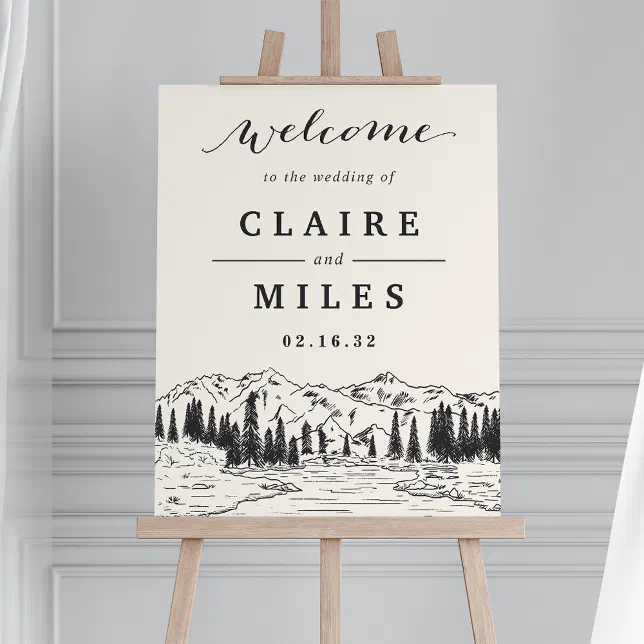 Ash Black | Mountain Sketch Wedding Welcome Sign | Zazzle