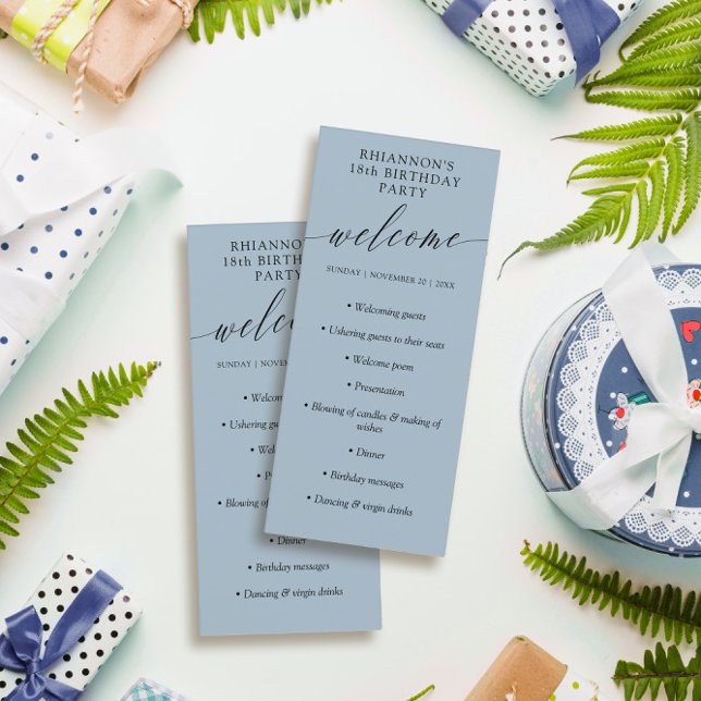 Ash Blue Delicate Calligraphy Birthday Party Program (Creator Uploaded)