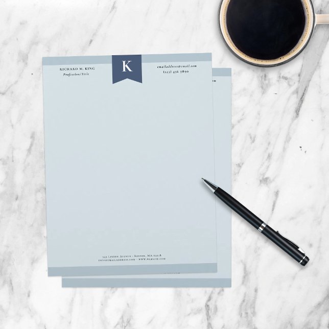 Ash Blue Elegant Bold Monogram Contact Info Letterhead (Creator Uploaded)