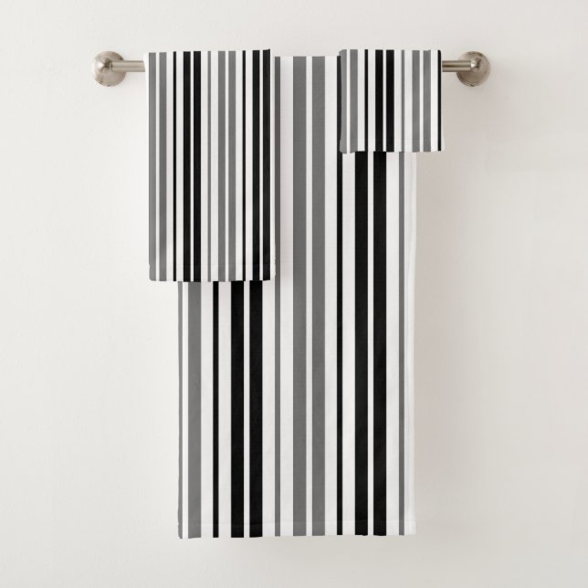 Ash Gray Black White Stripes Pattern   Bath Towel Set (Insitu)