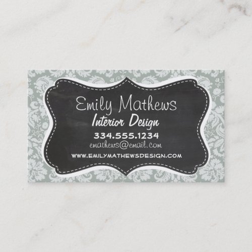 Ash Gray; Grey Damask Pattern; Chalkboard look Business Card