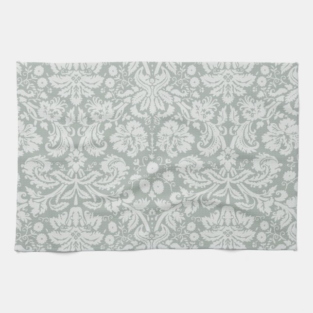Ash Gray; Grey Damask Pattern Kitchen Towel (Horizontal)