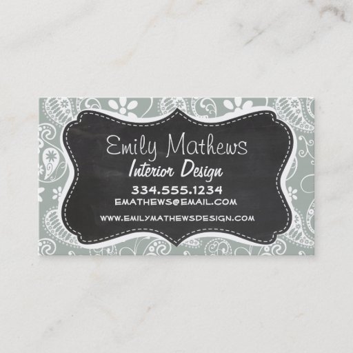 Customizable Ash Gray; Grey Paisley; Retro Chalkboard look Business Card Templates