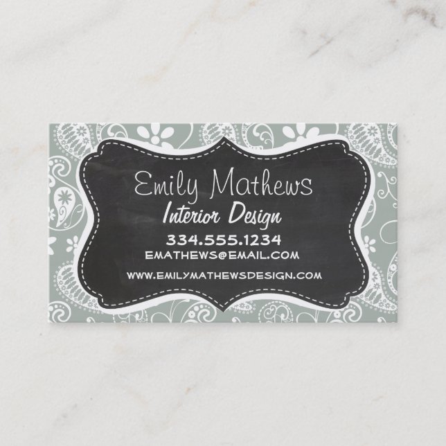 Ash Gray; Grey Paisley; Retro Chalkboard look Business Card (Front)
