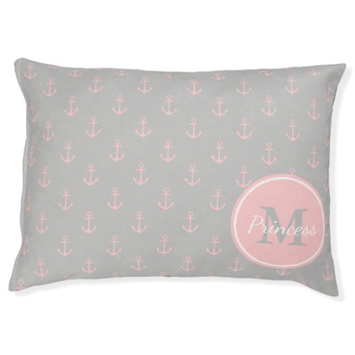 Ash Grey and Baby Pink Anchor Monogram Pet Bed