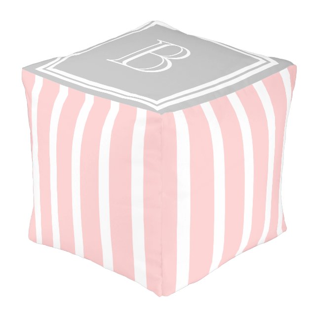 Ash Grey and Baby Pink Striped Monogram Pouf (Angled Front)