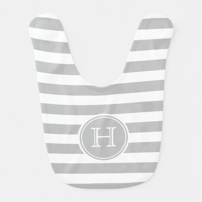 Ash Grey and White Stripe Monogram Baby Bib (Front)