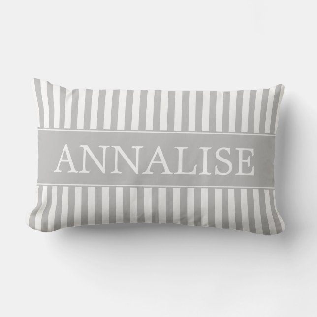Ash Grey and White Stripes Personalized Lumbar Pillow (Front)