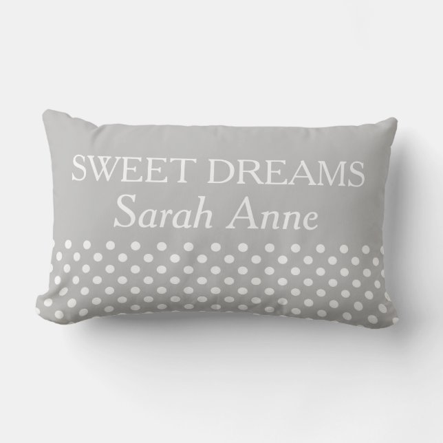 Ash Grey Polka Dot Sweet Dreams Personalized Lumbar Pillow (Front)