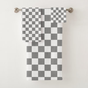 Ash Grey White Checkered Check Pattern Bath Towel Set