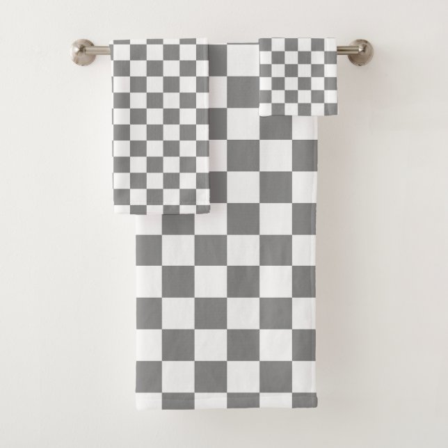 Ash Grey White Checkered Check Pattern Bath Towel Set (Insitu)