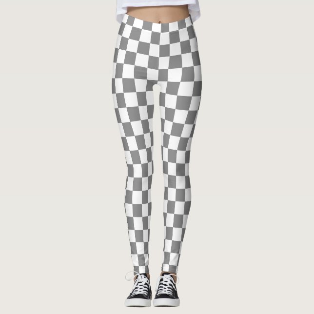 Ash Grey White Checkered Check Pattern Leggings (Front)