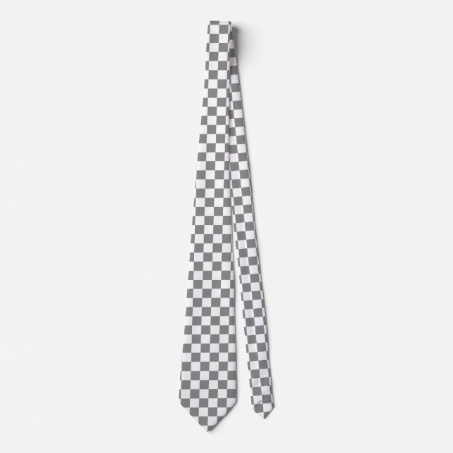 Ash Grey White Checkered Check Pattern Neck Tie (Front)
