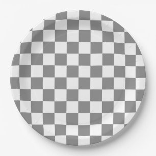 Ash Grey White Checkered Check Pattern Paper Plates