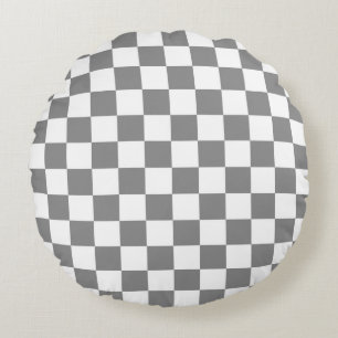 Ash Grey White Checkered Check Pattern Round Pillow